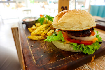 Burger on the table, close up
