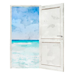 Beach behind door png clipart, abstract illustration