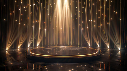 an empty, circular stage illuminated by numerous lights. The stage emits a captivating glow, and the lights create a starburst effect.