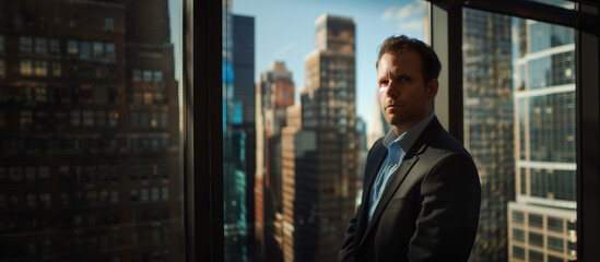 Fototapeta premium A confident businessman gazes intently through the window. The background consists of a blurred cityscape with multiple skyscrapers.Copy space