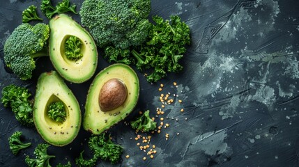 A close up of avocado, broccoli and seeds on a dark surface, AI