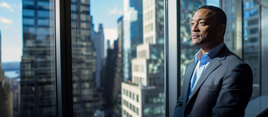 Fototapeta na wymiar A confident businessman gazes intently through the window. The background consists of a blurred cityscape with multiple skyscrapers.Copy space