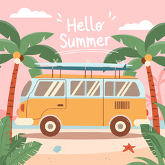 Hello summer colorful postcard, flat design vector. Hello summer quotes.Tropical hand drawn prints design with summer van. Positive phrases for stickers, postcards or posters.