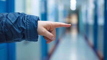 A person pointing at something in a hallway with their hand, AI