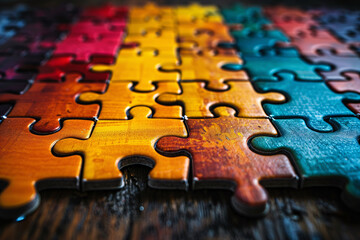 Colorful jigsaw puzzle pieces on wooden table. Selective focus. Close-up.