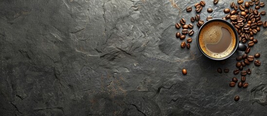 Image of a cup of coffee and coffee beans on a dark stone background, displayed horizontally with empty space for text, as seen from the top.