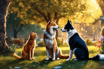 Painted picture of two mongrel dogs and cat together in the park - obrazy, fototapety, plakaty