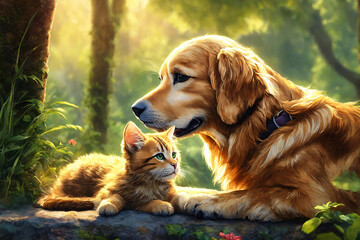 Golden retriever dog and red kitten lies together in green forest - 789688567