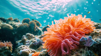 Naklejka na ściany i meble A close up of an orange sea urchin on a coral reef, AI