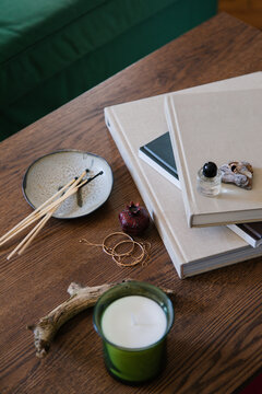 Flat lay on wooden table  with different stuff