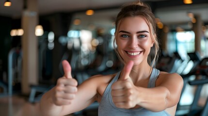 Beautiful fitness woman in gym smiling giving thumbs up gesture, healthy lifestyle, copy space