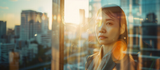 Fototapeta premium A confident businesswoman gazes intently through the window. The background consists of a blurred cityscape with multiple skyscrapers.Copy space