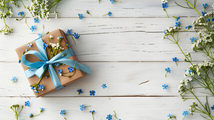 Forget-me-nots and gift box on white wooden background. flat lay top view