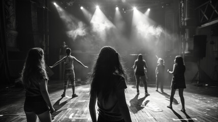 some young teen teenager actress and actors on a theatre rehearsal