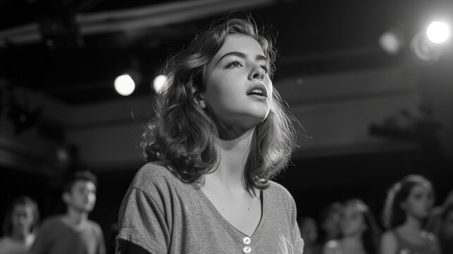some young teen teenager actress and actors on a theatre rehearsal