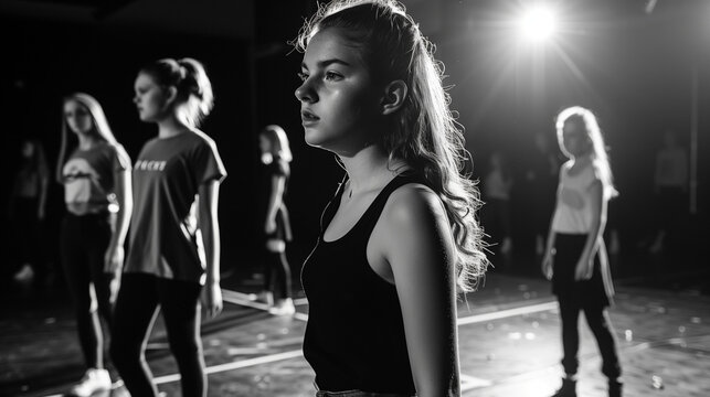 some young teen teenager actress and actors on a theatre rehearsal