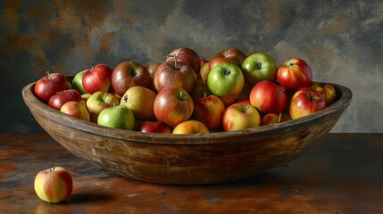 Farmhouse Feast: A Rustic Wooden Bowl Laden with a Variety of Crisp, Juicy Apples, Ready to Enjoy