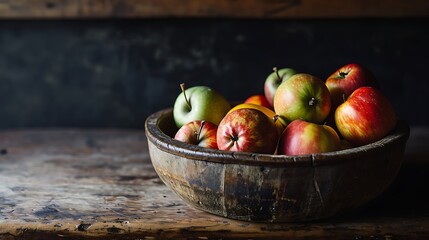 Apple Harvest Delight: A Rustic Wooden Bowl Filled with a Variety of Apples, Offering a Taste of Autumn's Bounty