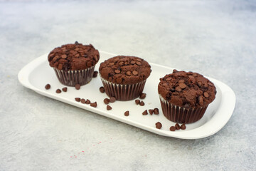 Chocolate muffin or cupcake with chocochips topping