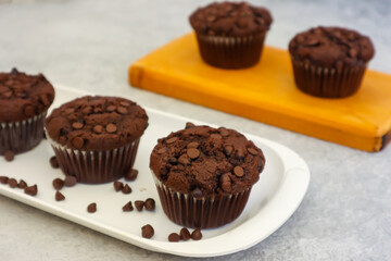 Chocolate muffin or cupcake with chocochips topping