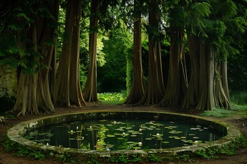 : A secret pond with water lilies, surrounded by a circle of towering yew trees.