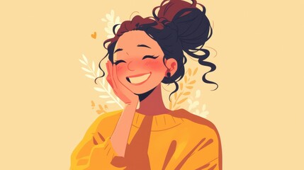2d cartoon illustration of a cheerful young woman with a bright smile embodying happiness and positivity - obrazy, fototapety, plakaty