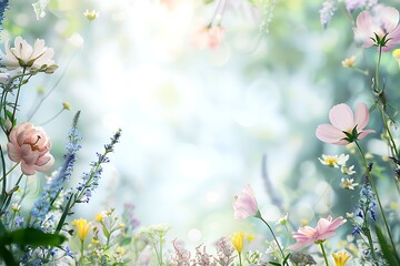 : A serene spring morning with a frame of fresh flowers in pastel colors.