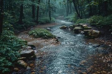 A stream winding its way through the forest, illustrating the freedom of natural flow and movement....