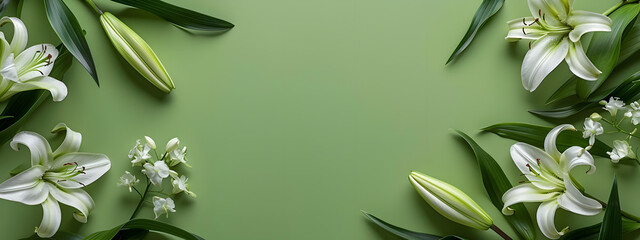 Green lilies border a frame on a green background with copy space. in a flat lay top view