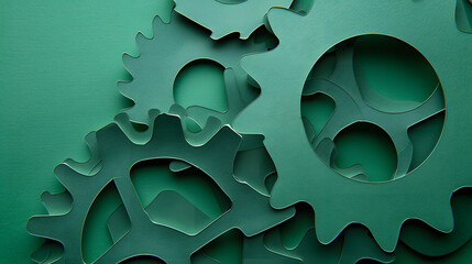 Green paper cut of a sprocket. industrial design concept on green background.  - obrazy, fototapety, plakaty