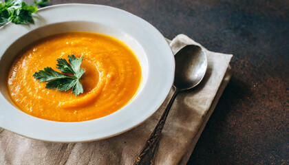 Pumpkin soup on linen napkin on dark background. Concept of eating seasonal food, climatarian diet.