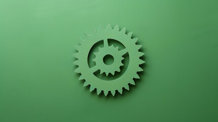 Green paper cut of a sprocket. industrial design concept on green background. 