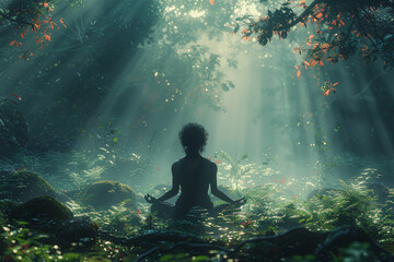 A person meditating in a tranquil forest, finding inner peace and freedom from the chaos of the world. Concept of spiritual liberation and tranquility. Generative Ai.
