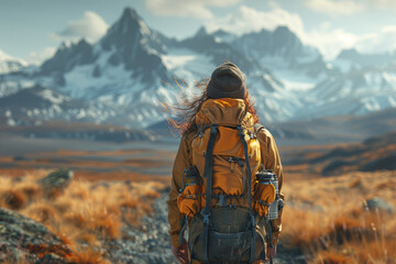 A traveler backpacking through remote wilderness, experiencing the freedom of exploration and...