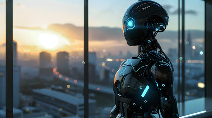Naklejka premium Image of an AI android positioned against panoramic windows. with the urban landscape visible in the backdrop during sunrise