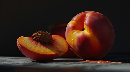 A ripe and luscious peach sliced in half, its juicy flesh revealed in a vibrant display of summer sweetness