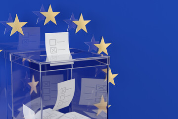 European elections. Transparent ballot box against the backdrop of the European Union flag. 