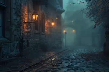 : A single lantern glowing softly in the foggy darkness of an old cobblestone street. - obrazy, fototapety, plakaty