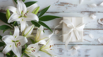 Lilies and gift box on white wooden background. flat lay top view
