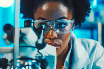 Medical Science Laboratory: Portrait of Beautiful Black Scientist Looking Under Microscope Does...