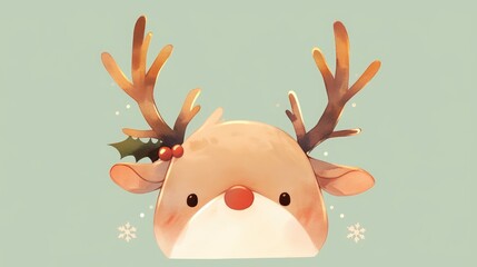 A festive Christmas mask featuring brown reindeer antlers stands out against a soft light green backdrop in this captivating and adorable cartoon illustration