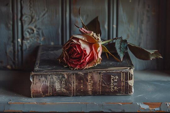 : A single, withered rose lying atop a closed, antique book on a dusty shelf.