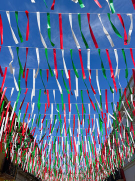 colorful pennants of the Mexican flag hanging on wires