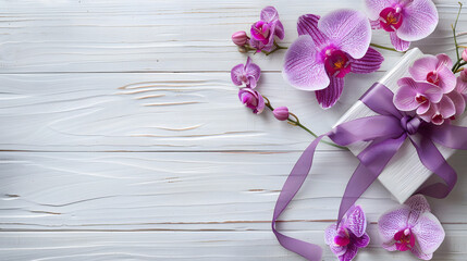 Orchids and gift box on white wooden background. flat lay top view