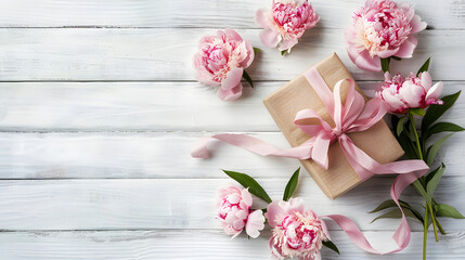Peonies and gift box on white wooden background. flat lay top view