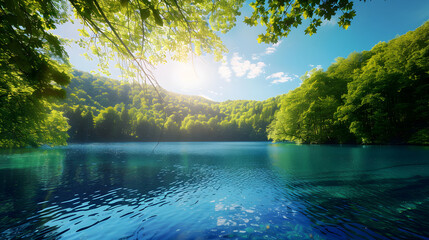 Serene Autumnal Lake Encased Within a Vibrant Forest Under a Clear Blue Sky