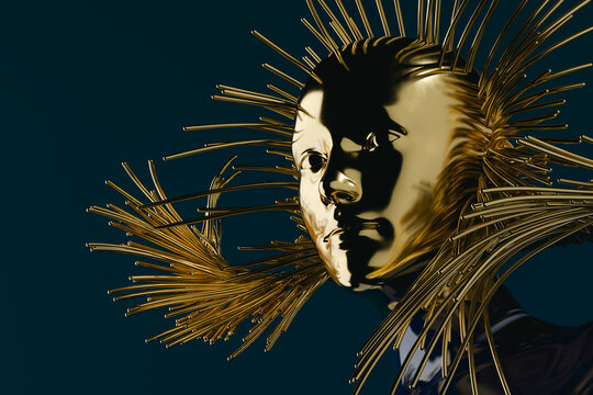 Golden Mask With Ornate Halo Against Blue Background