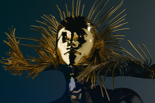 Golden Mask With Ornate Halo Against Blue Background