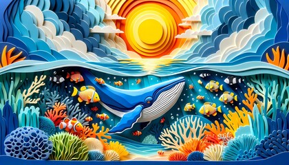 Ocean day for paper cut art of   marine life with a whale, fish, and coral reef under a setting sun
