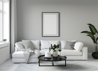 Modern interior of a living room with a white sofa and black coffee table in the front view